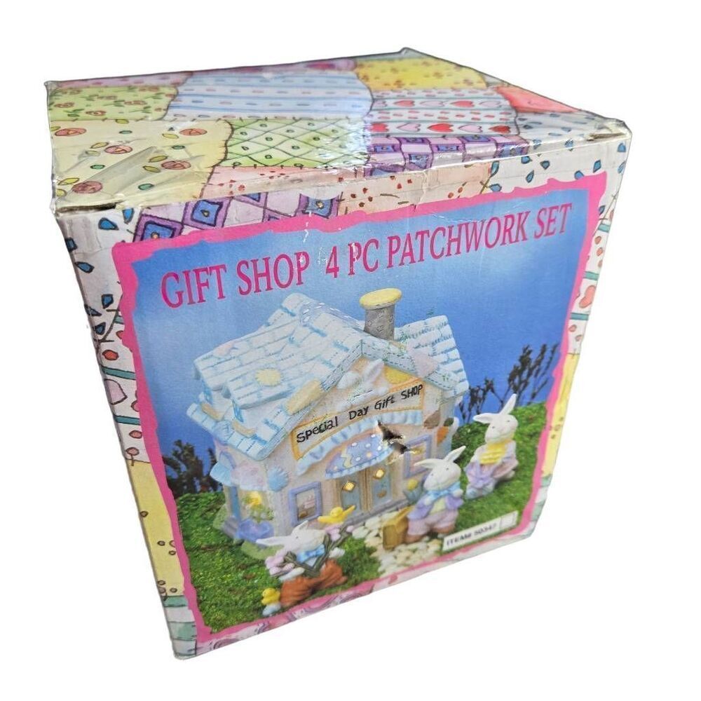 Gift Shop 4 Piece Patchwork Set (Porcelain House & Bunny Figurines) Easter Decor
